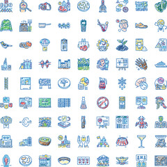 Fototapeta premium Collection of doodle style color icons from diverse areas like business, science, nature, technology, and lifestyle, perfect for illustrating a wide range of concepts
