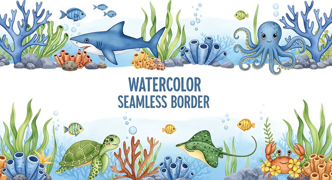 Watercolor seamless border featuring cute marine life such as sharks octopuses turtles and stingrays swimming in a colorful underwater coral reef isolated on a transparent background