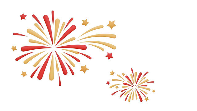 Festive red and gold 3d fireworks explosion with scattered stars celebrating a joyful holiday occasion isolated on transparent background