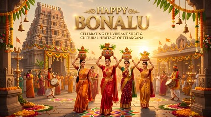 Fototapeta premium Happy bonalu festival celebration with women carrying offerings at a hindu temple