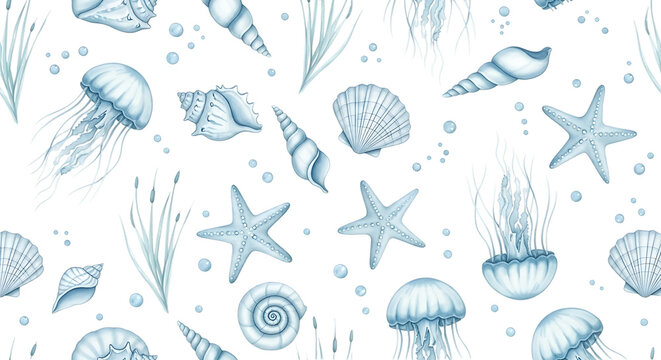 Seamless pattern with watercolor jellyfish sea shells and starfish underwater marine life for fabric and nautical backgrounds isolated on a transparent background