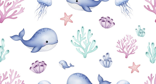 Seamless pattern with cute whales jellyfish and colorful coral reefs underwater for kids fabric and nursery decor background isolated on a transparent background