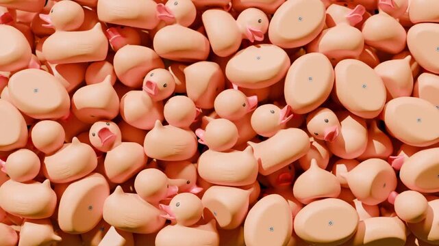 Rubber Ducks Falling and Piling Up in Empty Space &mdash; Playful 3D Animation on Black Background