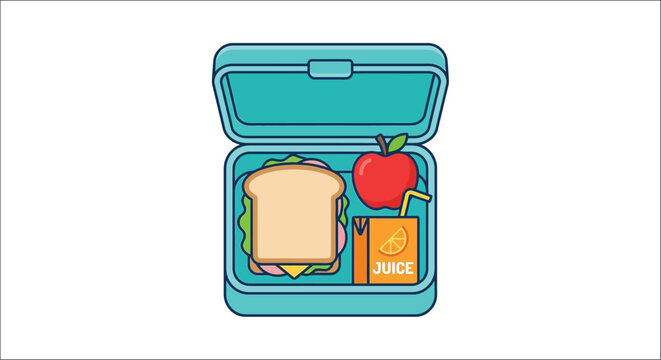 Open lunchbox with sandwich apple and juice box flat vector illustration on white background lunch meal container food bread fruit beverage snack packed school picnic