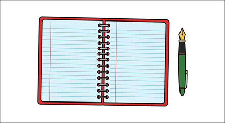 Spiral notebook and fountain pen colorful vector illustration on a white background notepad writing pad stationery instrument office supplies school flat cartoon style line art © Exclusive Vectors
