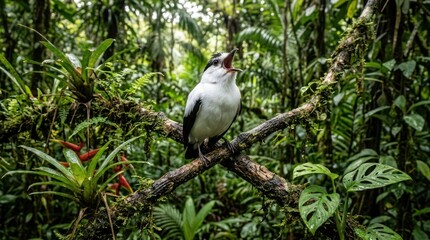 Fototapeta premium A white-throated toucan perched on a branch in a lush rainforest. The bird is singing loudly, its beak open wide.