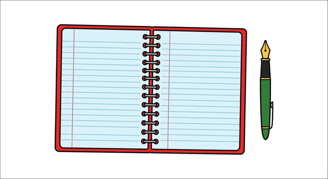 Spiral notebook and fountain pen colorful vector illustration on a white background notepad writing pad stationery instrument office supplies school flat cartoon style line art