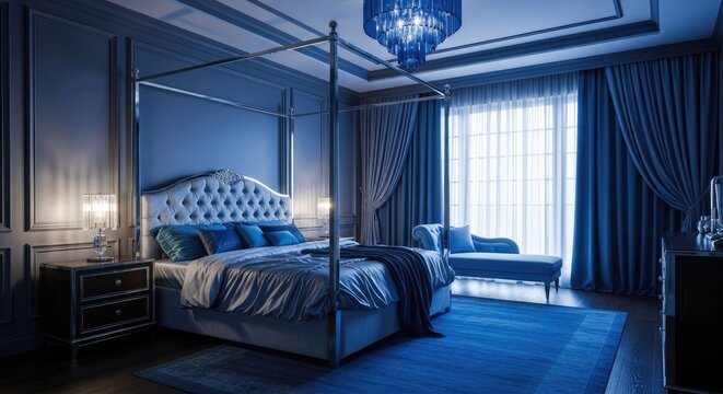 Luxury blue bedroom with elegant canopy bed frame.
