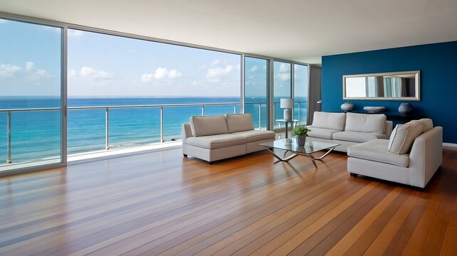 Modern Luxury Living Room With Panoramic Ocean View and Hardwood Flooring Design
