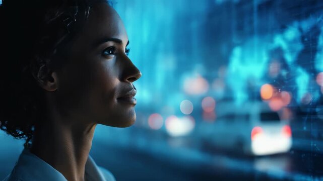 A professional woman stands before a transparent screen displaying abstract data and city lights, symbolizing digital transformation. She embodies leadership, ambition, and technological progress