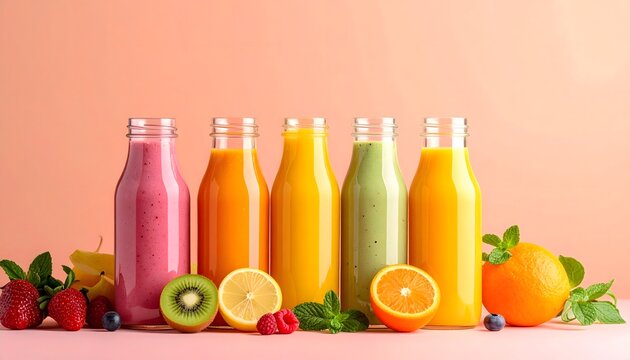 Botellas de zumos de frutas de colores con fresas, kiwi, naranja y lim&oacute;n sobre fondo coral en composici&oacute;n saludable