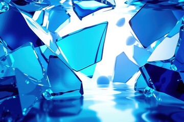 Fototapeta premium Abstract blue shapes create futuristic tunnel. Reflections suggest liquid surface, bright light source visible. Cool tones dominate composition.