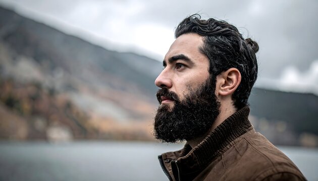 Retrato de hombre con barba mirando al horizonte junto a un lago de monta&ntilde;a en paisaje natural con ambiente introspectivo