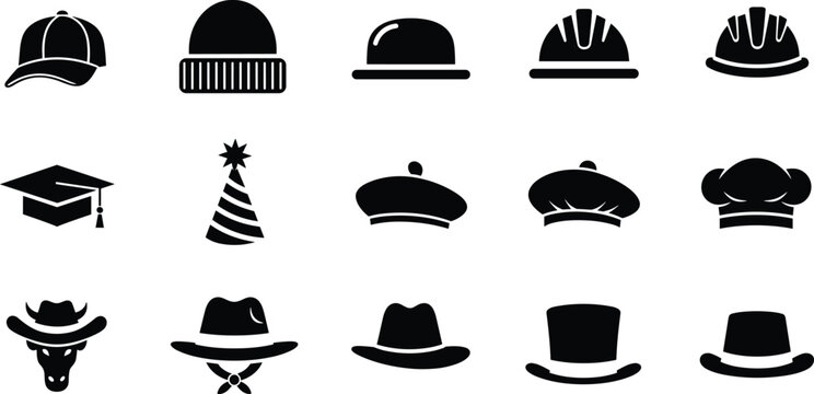 Illustration of Collection of various hats and caps in black silhouette on white background.