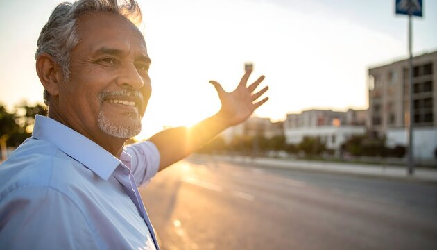 Hombre mayor sonriendo con el brazo extendido en una calle urbana al atardecer en concepto de vida activa y optimismo
