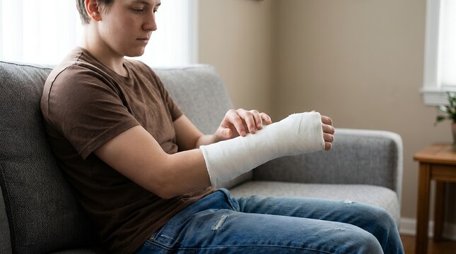 Injured young man with broken arm in white plaster cast, male patient with wrist fracture sitting on sofa, medical recovery and healthcare at home