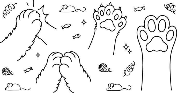 Cute cat paw print vector line art icon set featuring kitten claws toy mouse and yarn balls