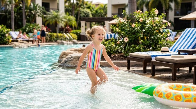 A young girl joyfully runs through the shallow water of a swimming pool. She wears a colorful striped swimsuit and holds a pineapple-shaped inflatable float.