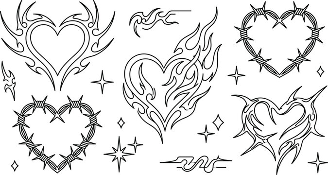Y2K tribal heart tattoo vector line art icon set featuring flaming hearts thorns and barbed wire elements