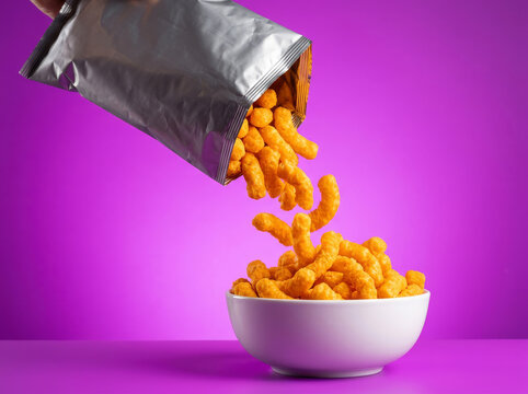Crunchy cheese puffs falling from silver foil bag into white bowl, orange corn snacks on vibrant purple background, salty junk food snack concept