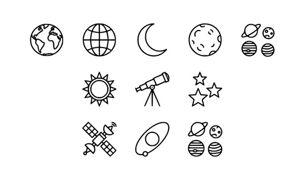 Space exploration line icon collection with satellite telescope and cosmic symbols vector EPS 10