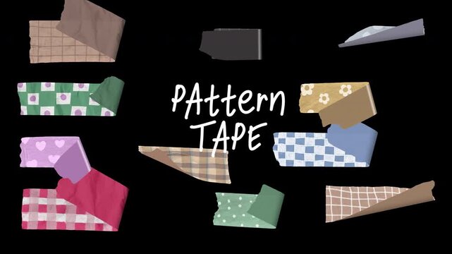 Animated pattern tape sticker pack &mdash; semi-handdrawn washi tape style, check, gingham, floral, polka dot, heart, scrapbook journal, in animation, transparent background, alpha channel