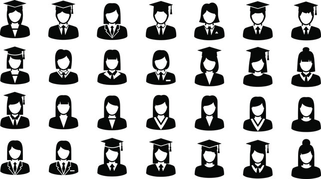 Illustration of Graduation icons of diverse people in caps and gowns.