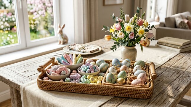 Elegant Easter Table Setting with Pastel Eggs, Colorful Sweets, and Spring Flowers in a Sunny Room