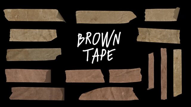 Animated brown tape sticker pack &mdash; peel and stick in motion, kraft masking tape, vintage scrapbook, retro journal, grunge texture, text placeholder, in animation, transparent background, alpha channel