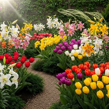 Colorful Tulips and Flower Garden Pathway Scene.