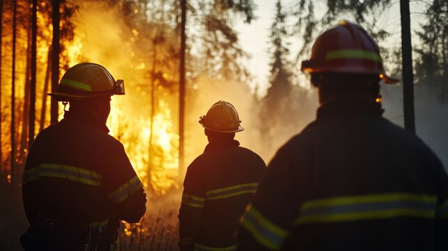 Firefighters Confronting Blaze: Silhouettes of three firefighters in full gear stand stoically, observing a raging forest fire.
