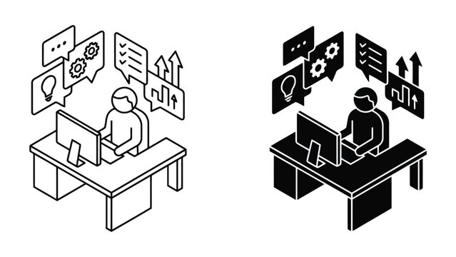 Office worker computer task icons set with computer business analysis