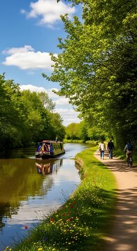 Serene river flowing through lush green park.