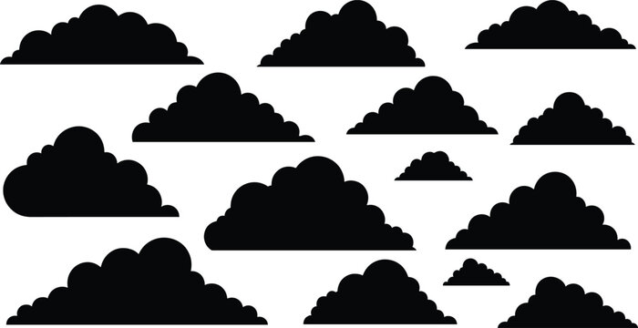 Illustration of Collection of various black cloud shapes on white background.