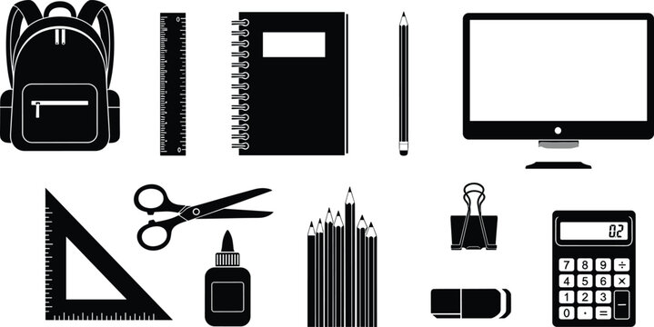 Illustration of Black and white school supplies icons on white background.