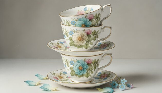 Elegant vintage teacups stacked with delicate floral patterns and gold trim on a clean neutral background for luxury tea service