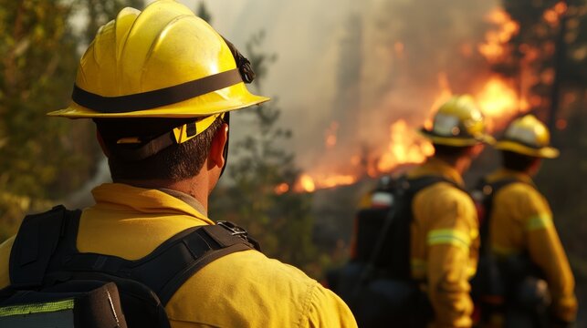 Firefighters Battling Wildfire: Three firefighters in protective gear and yellow helmets stand ready, facing a raging wildfire with flames and smoke billowing in the background.