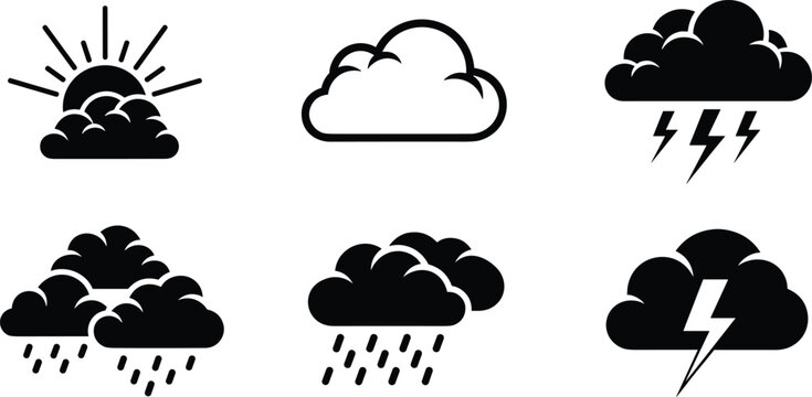 Illustration of Weather icons set with rain, sun, and clouds on white background.