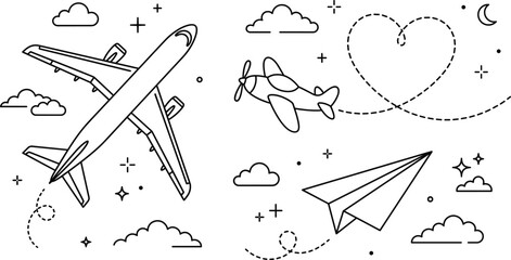 Airplane flight and travel loop vector line art icon set featuring passenger jet propeller plane and paper airplane © Sabbir Studio