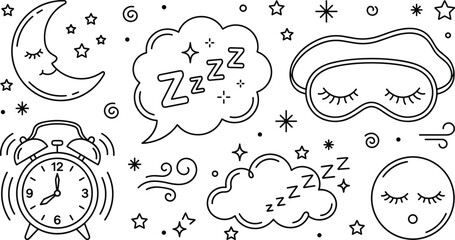 Sweet dreams sleep and bedtime routine vector line art icon set featuring alarm clock crescent moon mask and stars © Sabbir Studio