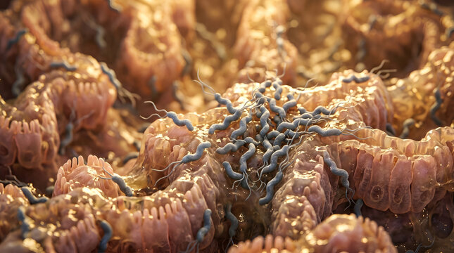 Spiral-shaped bacteria colonizing human intestinal lining tissue with mucus layer in a macro photography perspective