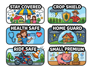 Fototapeta premium Financial Inclusion Microinsurance Sticker Sheet, Low Income Family Fintech Cartoon Stickers for Insurance Protection Banking Apps