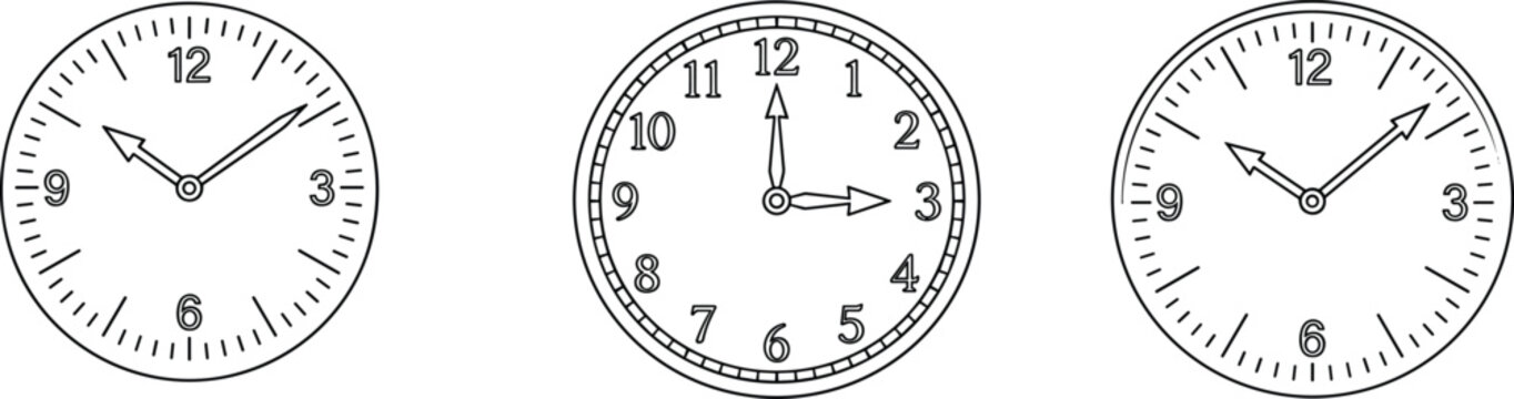 Analog clock face and time management vector line art icon set featuring round classic wall clocks dial templates