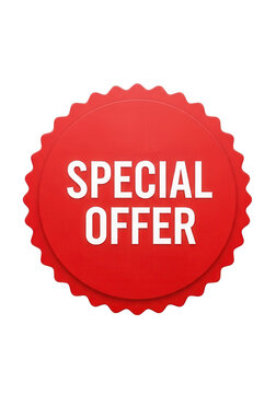 Red special offer badge with serrated edges, promotional discount sticker for retail sales, circular marketing label icon on white background