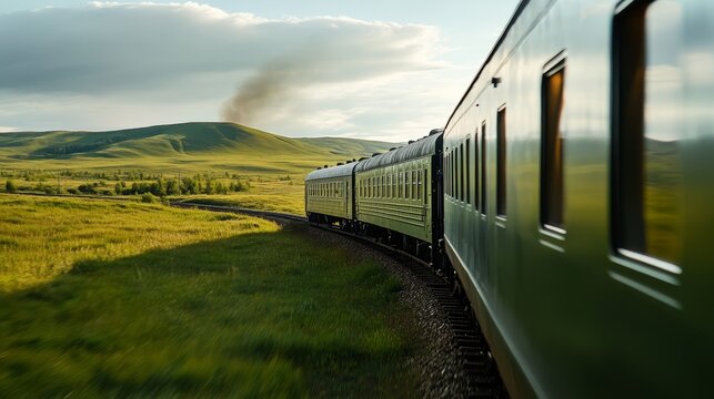 Scenic Train Journey: A long passenger train curves through a vast, sun-drenched landscape of rolling green hills and fields under a dramatic sky, evoking a sense of adventure and travel.