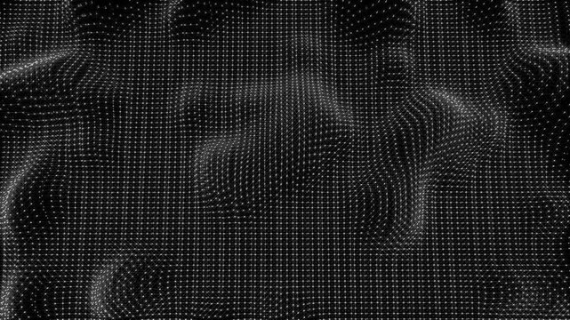 Abstract digital data mesh background, glowing particle waves moving in a smooth seamless loop, futuristic technology concept, dark cyberspace grid animation, high-tech network connection, 3D motion.