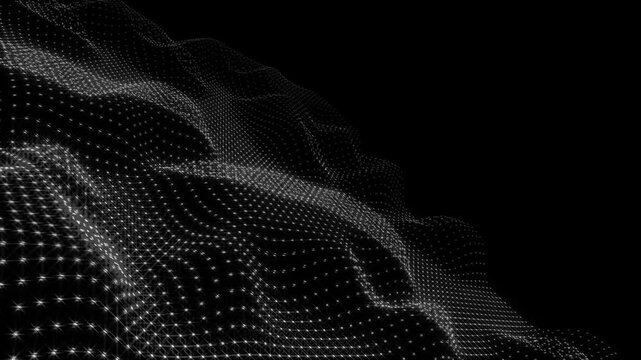 Abstract digital data mesh background, glowing particle waves moving in a smooth seamless loop, futuristic technology concept, dark cyberspace grid animation, high-tech network connection, 3D motion.