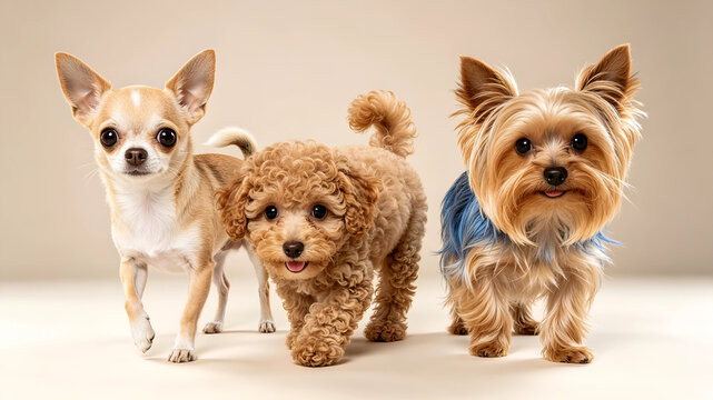 A trio of small breed dogs, featuring a Chihuahua, a curly Poodle puppy, and a Yorkshire Terrier, posing against a neutral studio background.