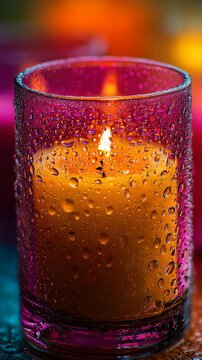 Close up of a glowing orange candle in a wet glass holder, with droplets enhancing the vivid colors and warm ambiance. Ideal for wellness, spa, or peaceful home decor inspiration