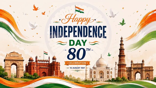 Happy Independence Day 80th celebration banner, Indian national holiday poster with tricolor flag and landmarks, 15 August 1947 commemorative background